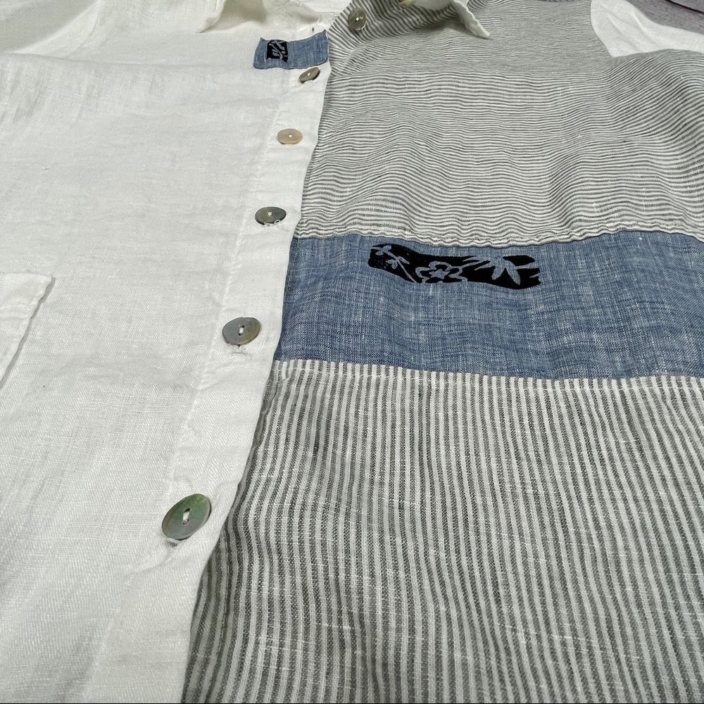 ODILE 100% linen button down white blue contrast shirt top, size S - Picture 4 of 13